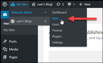 Menu Sites dans le tableau de bord WordPress d'administration.