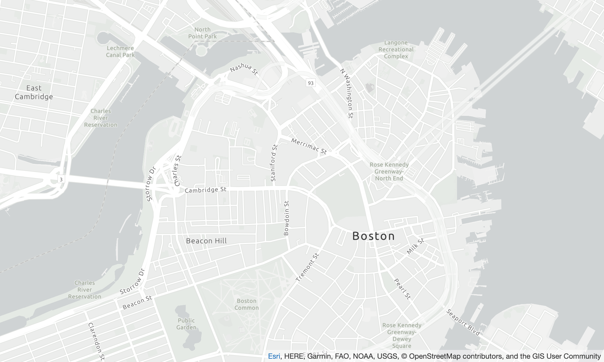 Map of Boston area showing streets, parks, and landmarks like Beacon Hill and Charles River.