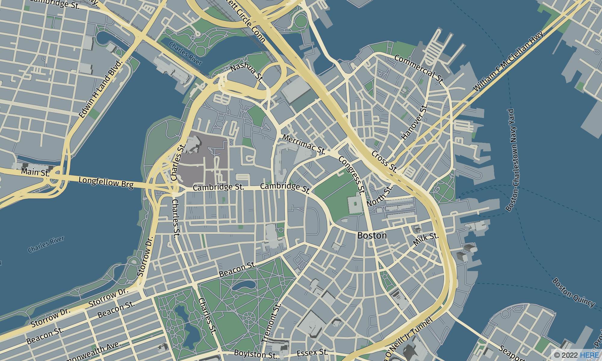 Map of Boston showing major streets, waterways, and landmarks like Cambridge St and Charles River.