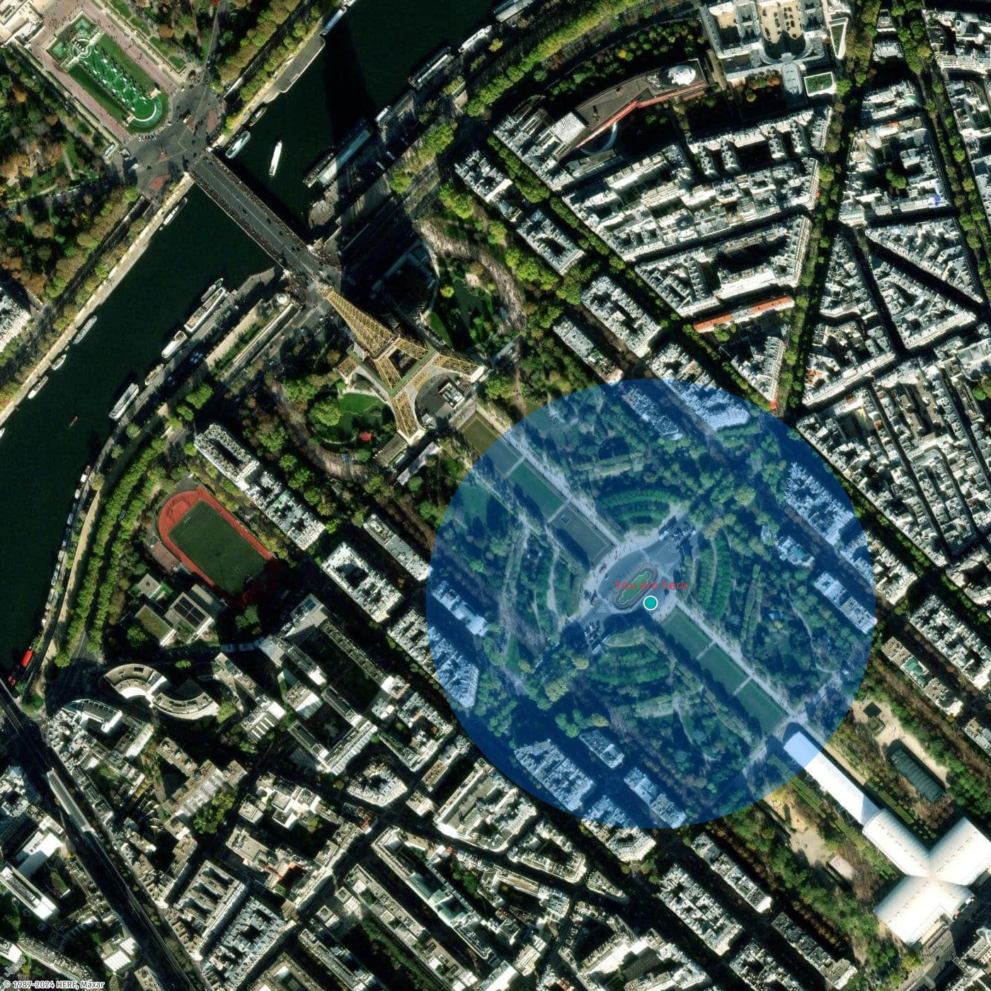 Exemple de carte montrant un cercle de proximité autour de la tour Eiffel.