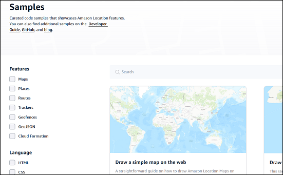 Web interface showing features list, search bar, and world map for Amazon Location samples.