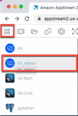 Le menu de sélection de lancement AppStream 2.0 avec l'outil d'administration Micro Focus Enterprise Analyzer sélectionné.