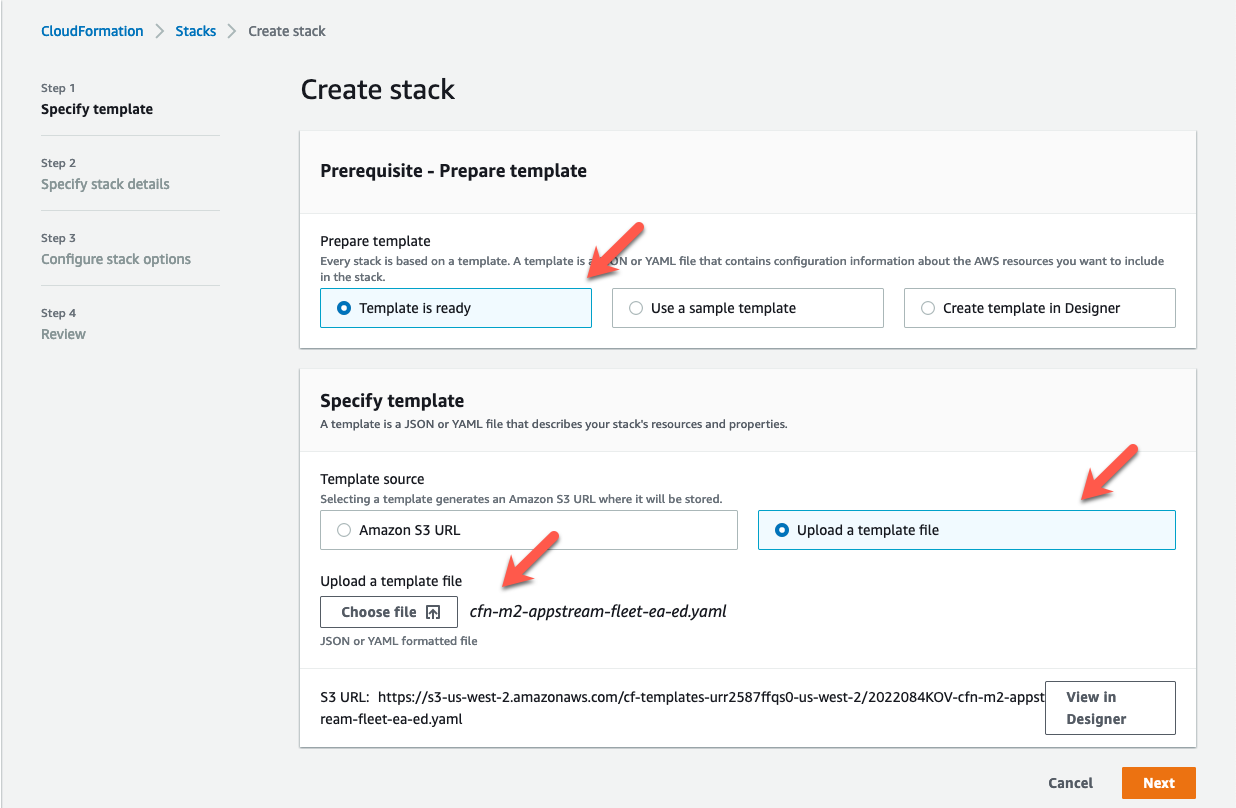 La page AWS CloudFormation Créer une pile avec le modèle cfn-m2- appstream-fleet-ea-ed .yml sélectionné.