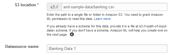 S3 location input field and Datasource name field for entering banking data information.