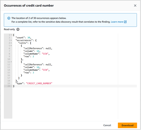 Les données de localisation, au format JSON, pour deux occurrences de numéros de carte de crédit dans un objet S3.