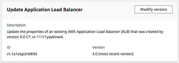 Application Load Balancer Page de mise à jour affichant la description, l'ID ct-1a1zzgi2nb83d et la version 3.0.