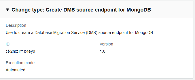 Modification détails du type indiquant l'ID, la version 1.0 et le mode d'exécution automatique pour le point de terminaison MongoDB DMS.
