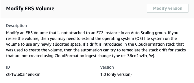 Modifiez la page du volume EBS indiquant la description, l'ID ct-1wle0ai4en6km et la version 1.0 uniquement.