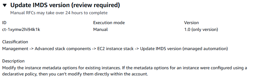 Mettez à jour les détails du type de modification de version IMDS indiquant l'ID, le mode d'exécution en mode manuel et la version 1.0.
