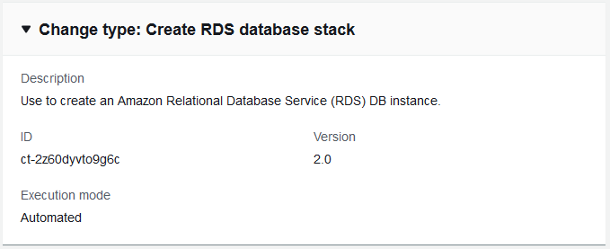 Modification type details for creating an Amazon RDS database stack, including ID and version.