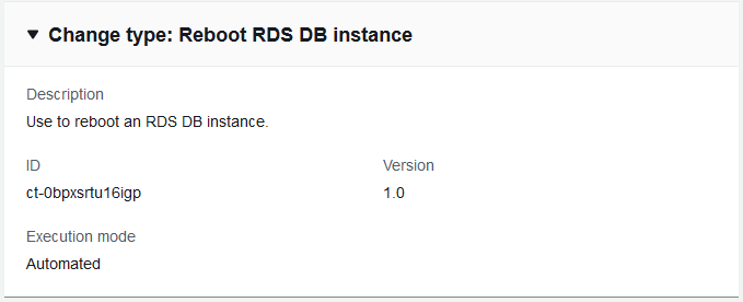 Modification type details for rebooting an RDS DB instance, including ID and version.