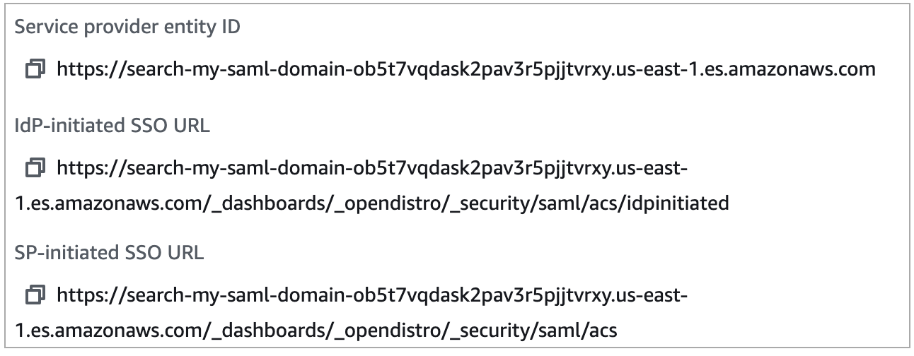 Service provider entity ID and SSO URLs for SAML authentication configuration.