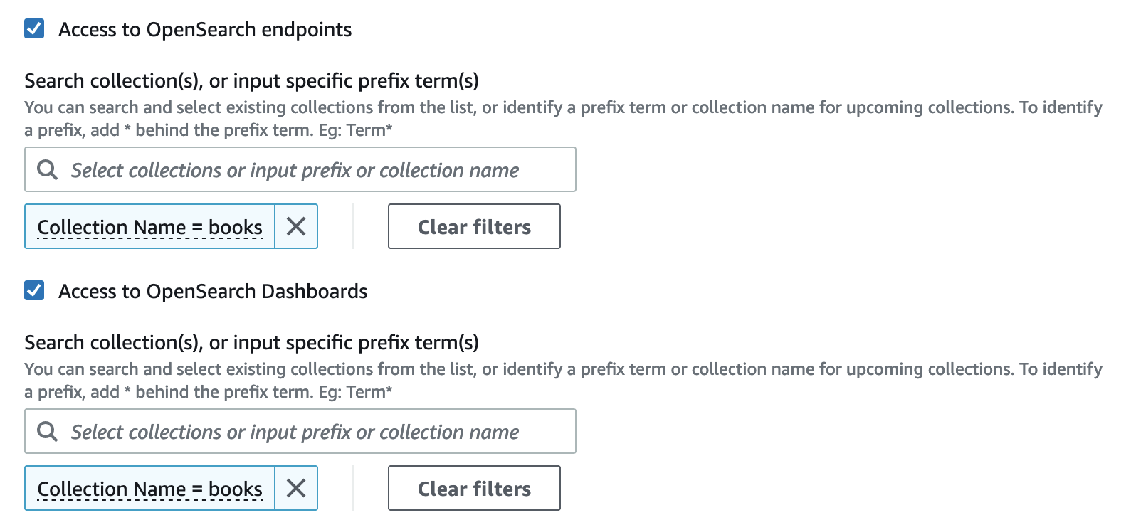 Interface de recherche affichant deux champs de saisie pour la sélection de termes de collection ou de préfixe, tous deux définis sur « livres ».