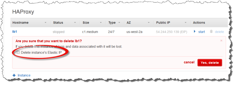 HAProxy instance deletion confirmation dialog with option to retain Elastic IP address.