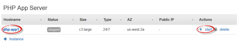 PHP App Server instance list showing php-app1 stopped with start and delete options.