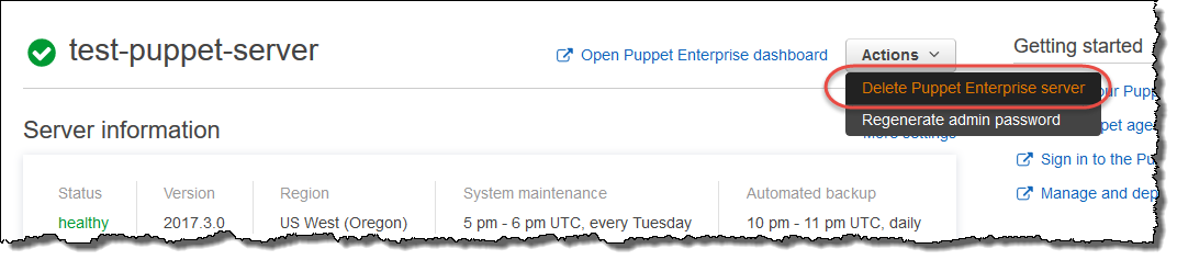 OpsWorks pour la commande Puppet Enterprise Delete Server
