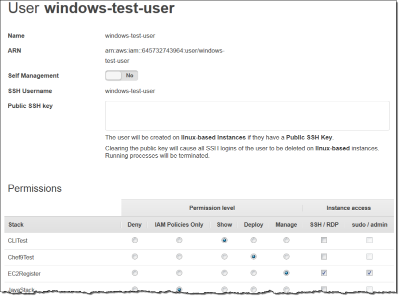 User details page showing name, ARN, SSH settings, and permission levels for various stacks.