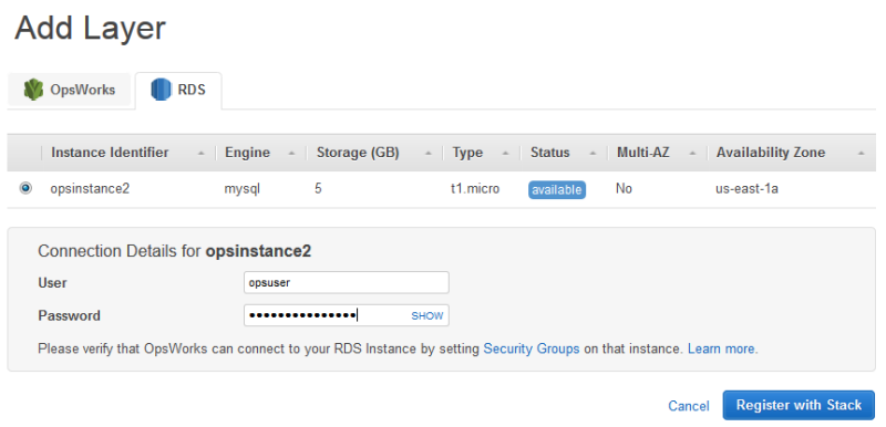 RDS instance details showing connection information for opsinstance2 with MySQL engine.