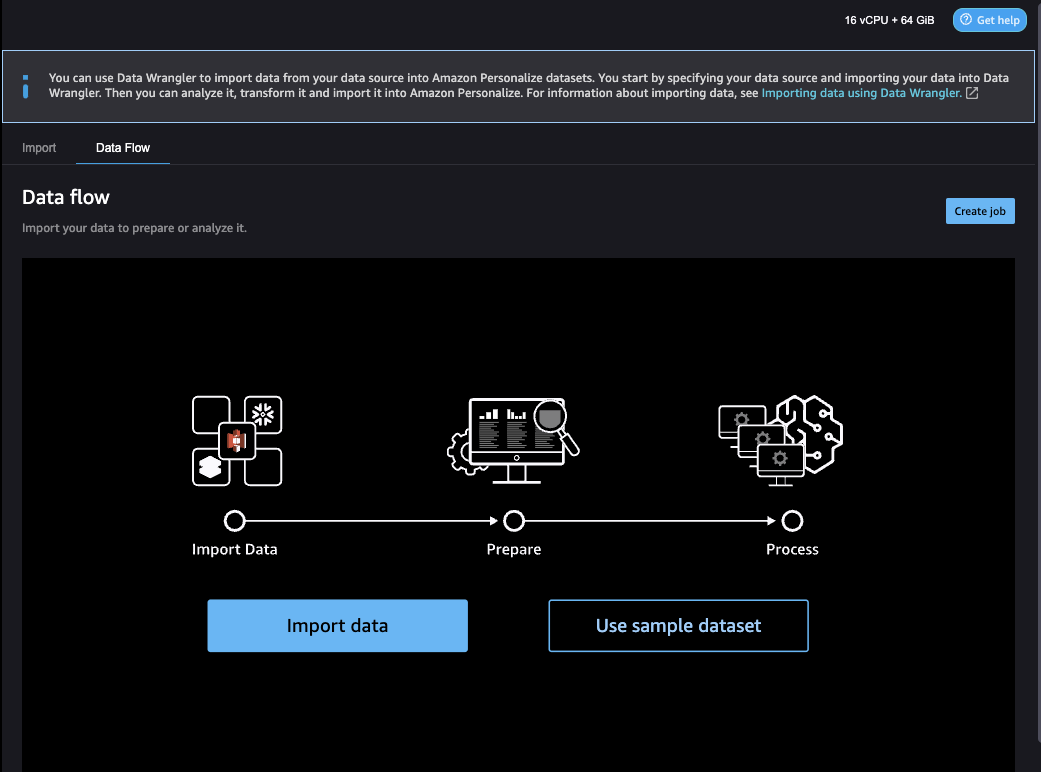 Représente la page de flux de données de Data Wrangler avec les options d'importation de données et d'utilisation d'exemples de jeux de données.