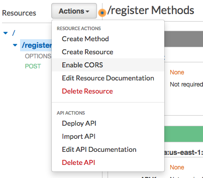 Le menu déroulant des Actions indique que l'option Activer CORS est sélectionnée