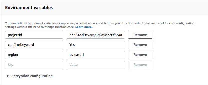 Les variables d'environnement pourprojectId, région etconfirmKeyword.