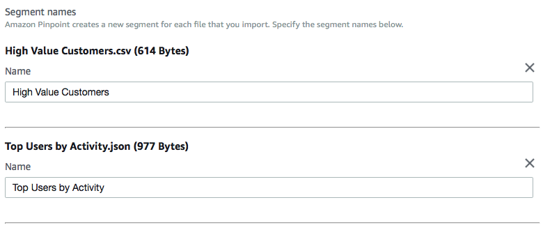 Affiche la section Noms des segments sur la page de création des segments. L'utilisateur a chargé deux fichiers : High Value Customers.csv etTop Users by Activity.json.