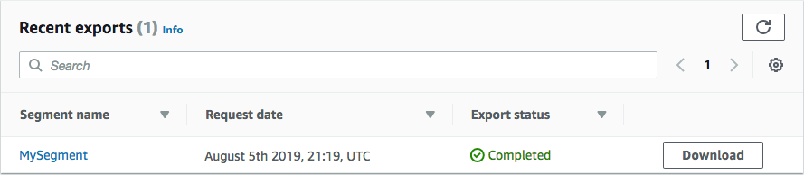 Le tableau des exportations récentes sur la page Segments. Dans la colonne située plus à droite, il y a un bouton Download (Télécharger).