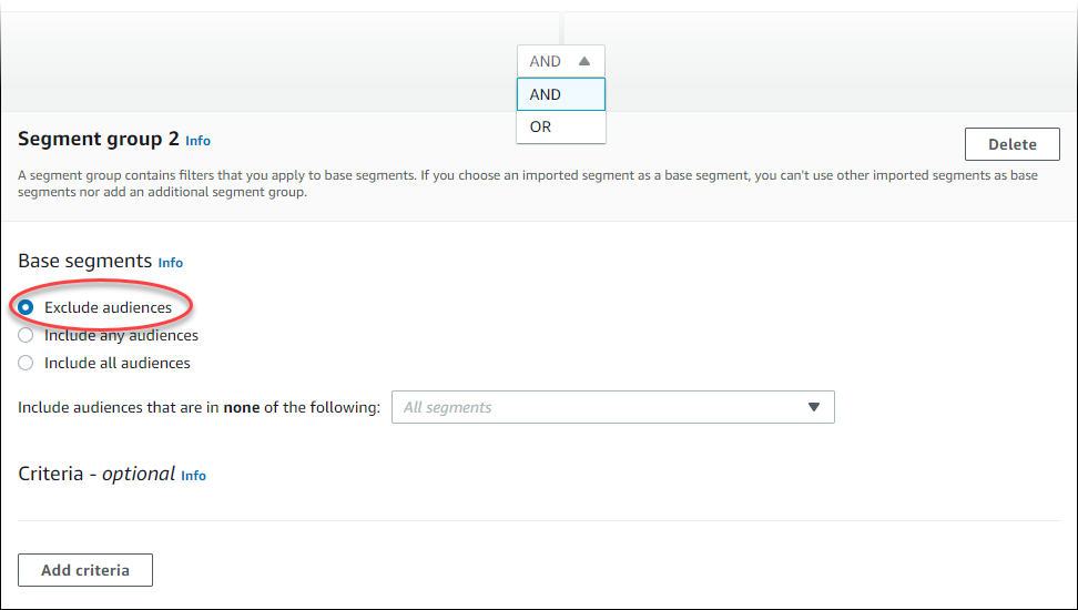 Groupe de segments 2 affichant le connecteur relationnel permettant d'Exclure les audiences.