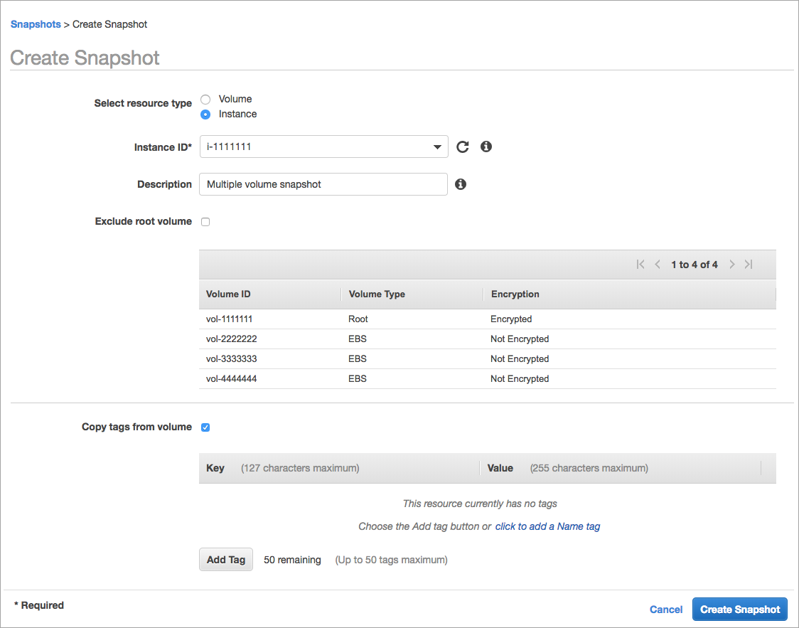 L'écran Create Snapshot permet de créer un instantané en plusieurs volumes.