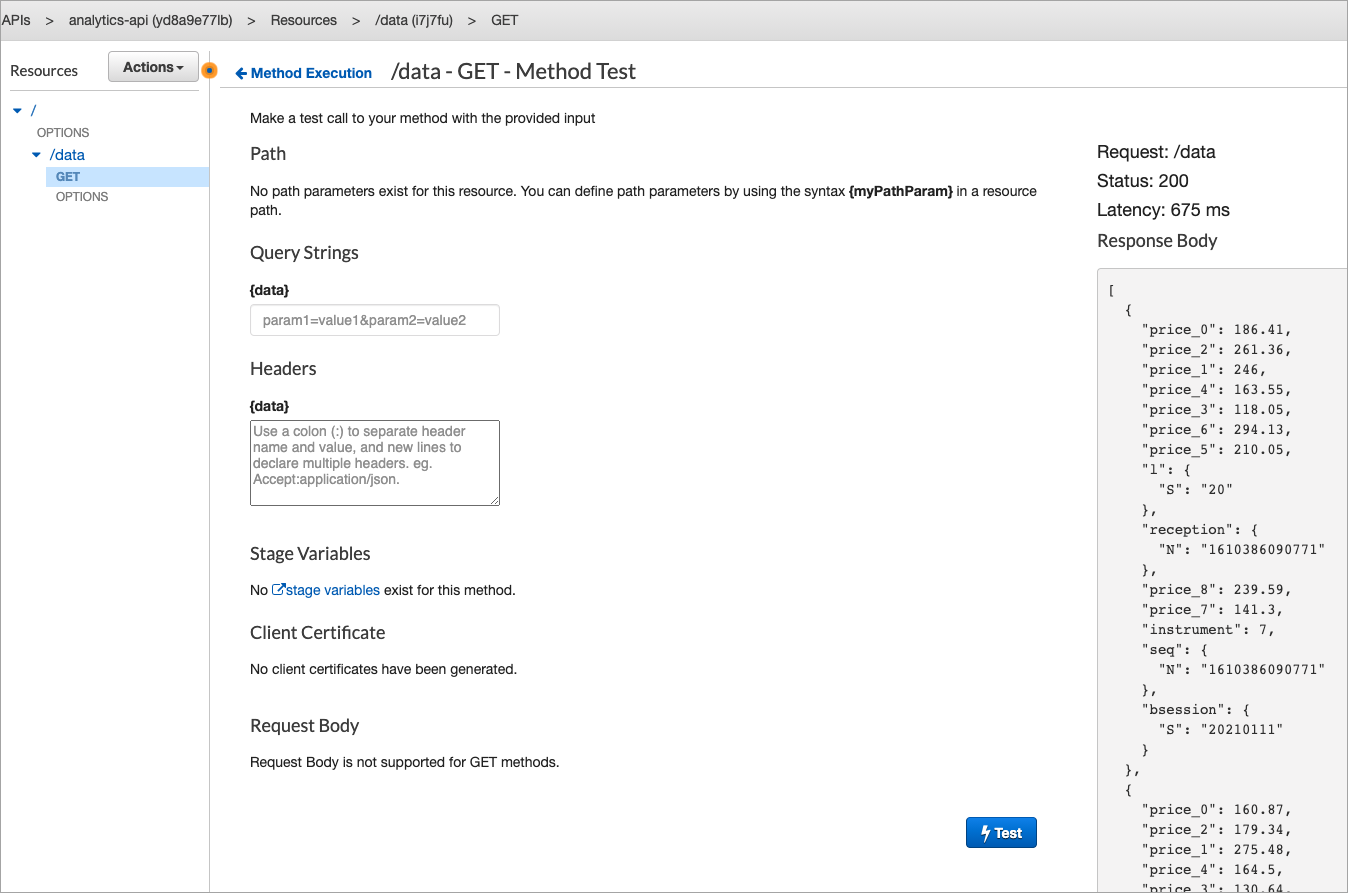 Console API Gateway avec GET sélectionné sous OPTIONS.