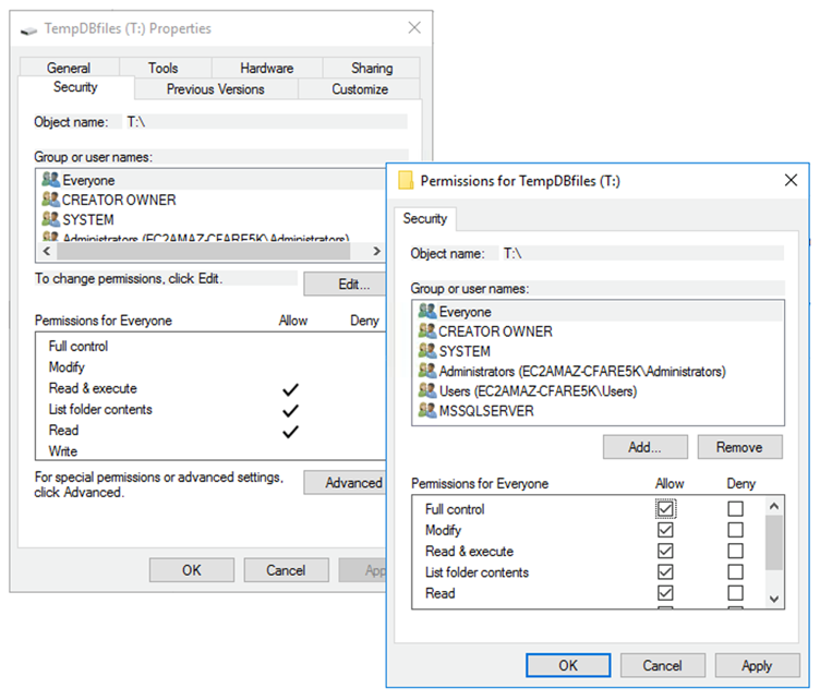 Granting permissions to the new location of the tempdb database