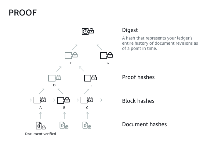 Schéma d'arbre de QLDB hachage Amazon pour un ensemble de blocs hachés dans un fil de journal.