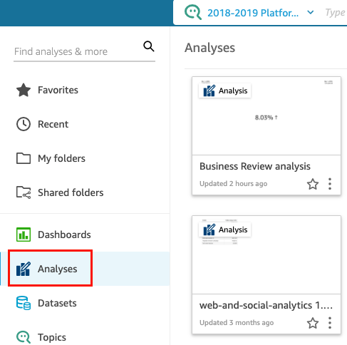 Voici une image de l'option d'analyse dans le volet de gauche lorsque vous l'ouvrez pour la première fois QuickSight.