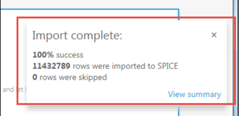 Import completion message showing 11432789 rows successfully imported to SPICE.