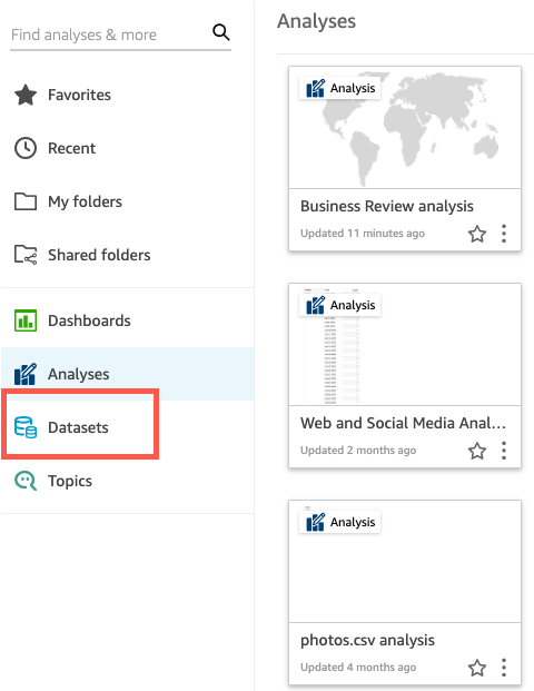 Navigation menu with Datasets option highlighted and analysis cards displayed on the right.