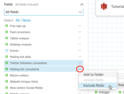 Fields pane showing options to exclude fields, with Twitter and Mailing list fields highlighted.