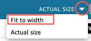 Dropdown menu showing options "Fit to width" and "Actual size" for adjusting dashboard view.