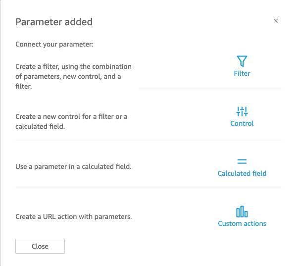 Menu options for connecting parameters to filters, controls, calculated fields, or custom actions.