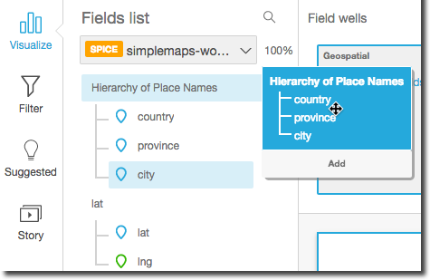 Interface showing hierarchy of place names with country, province, and city levels in a geospatial field well.