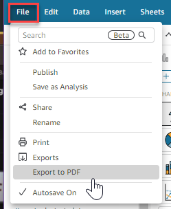 File menu expanded showing options including Publish, Share, and Export to PDF.