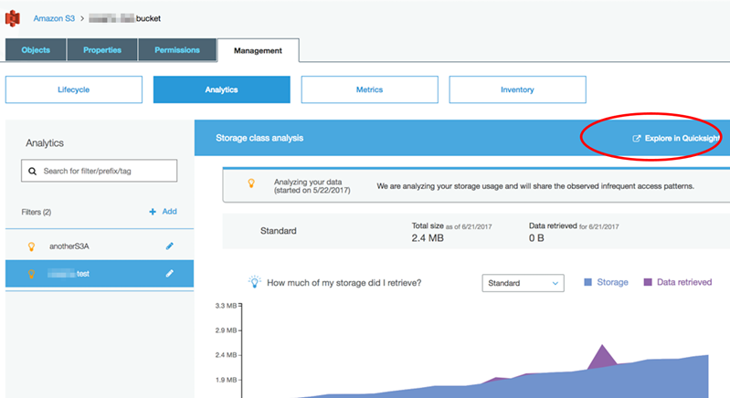 L'image montre l'écran Amazon S3 Analytics. Il y a un bouton intitulé Explorer QuickSight en haut à droite.