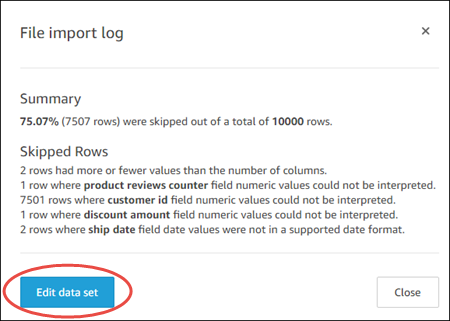 File import log showing summary of skipped rows and Edit data set button.