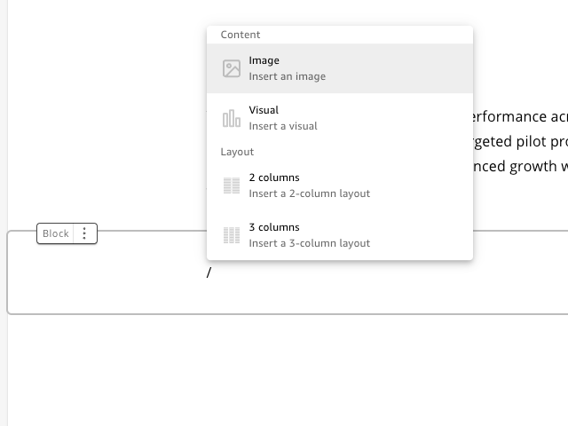 Dropdown menu showing options to insert content: Image, Visual, and Layout with 2 or 3 columns.