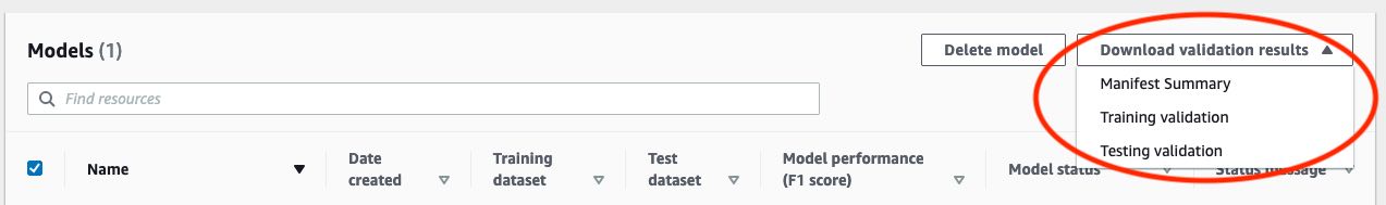 Interface affichant les résultats de formation et de validation du modèle avec option de téléchargement des résultats de validation.