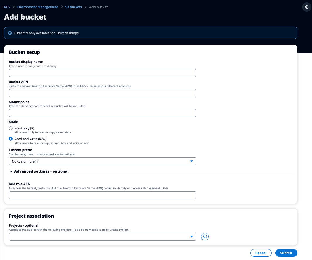 Form to add an S3 bucket with fields for name, ARN, mount point, mode, and advanced settings.