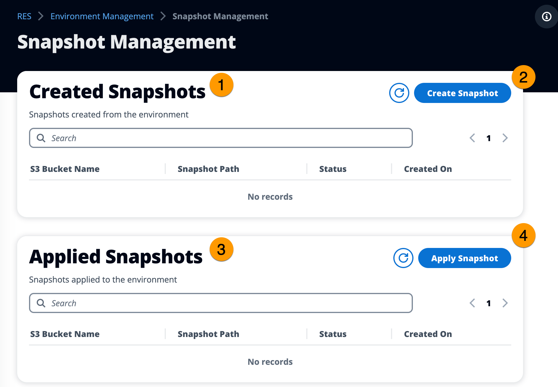 Page de gestion des snapshots