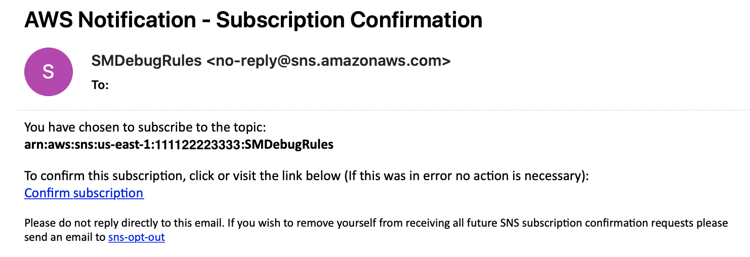 Un e-mail de confirmation d'abonnement pour le SNS SMDebugRulessujet Amazon.