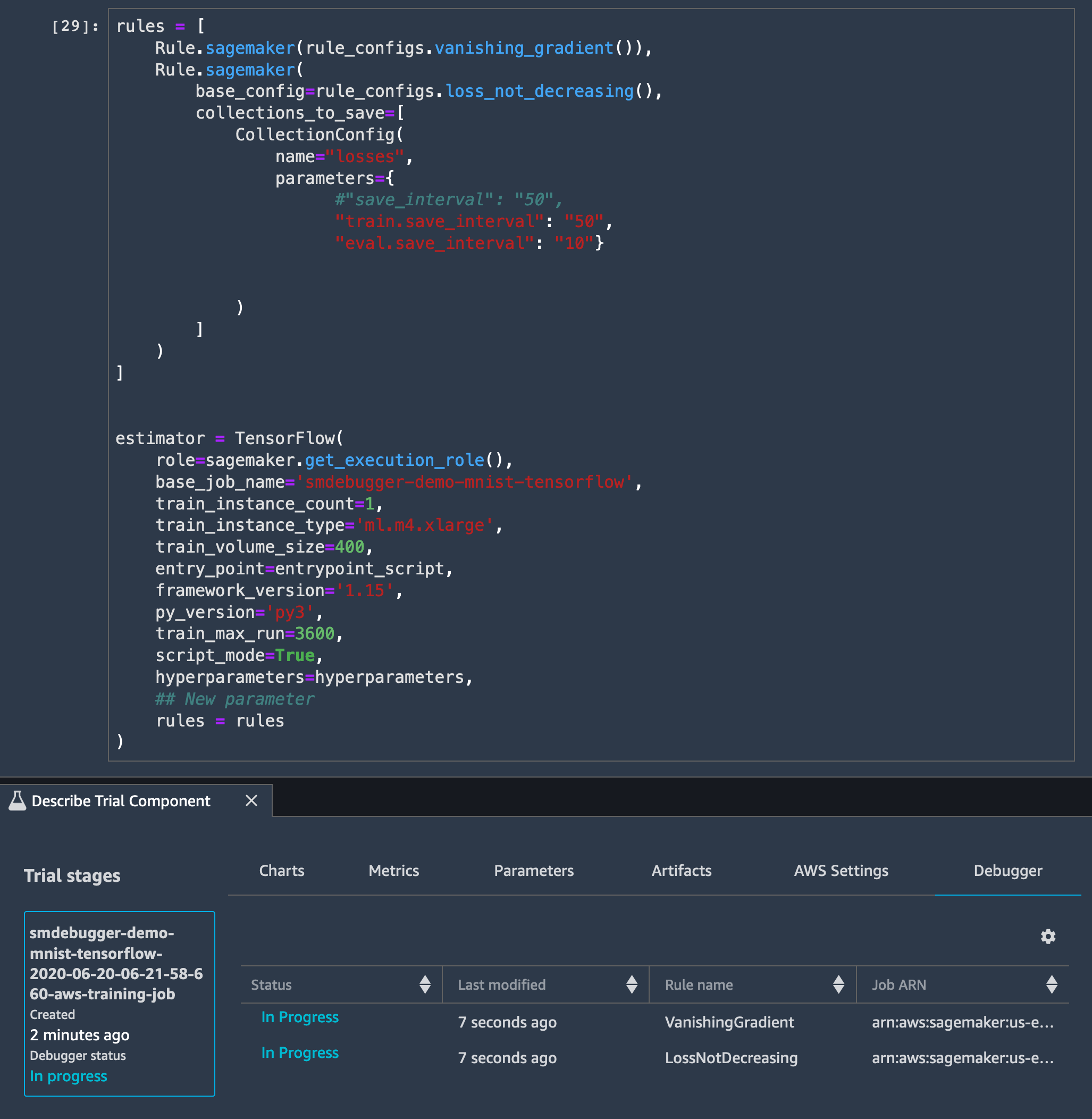 Image de l'exécution d'une tâche de formation avec les règles intégrées du Debugger activées dans Studio SageMaker