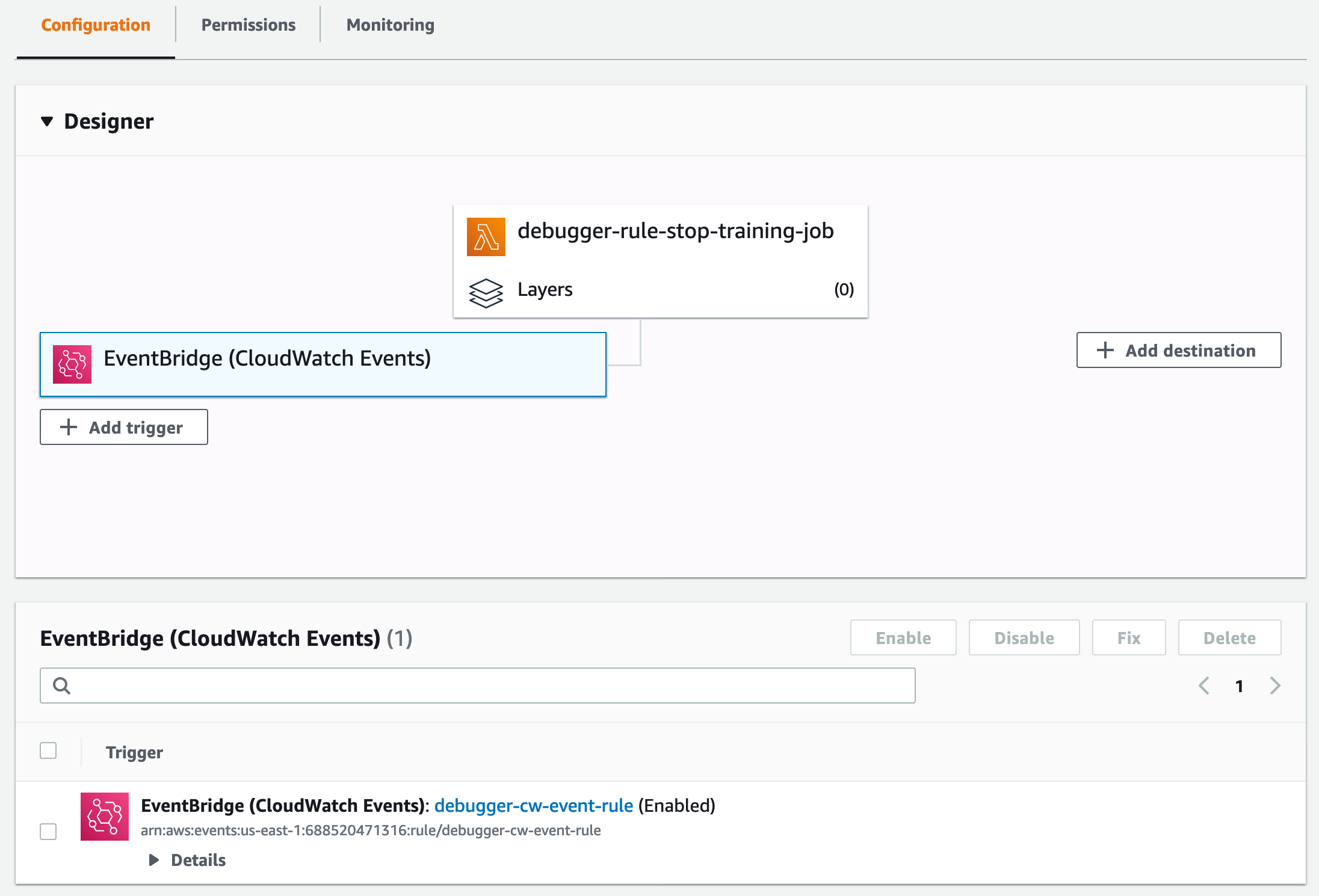 Panneau de conception pour la CloudWatch configuration.