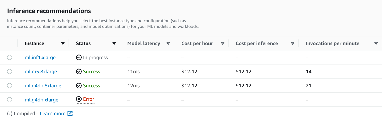Capture d'écran de la liste des recommandations d'inférence sur la page des détails de la tâche dans la SageMaker console.